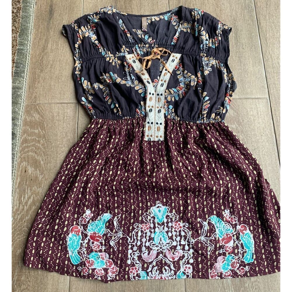 Free People WINK MY WAY BABYDOLL TUNIC TANK TOP sz S BOHO FLORAL V NECK